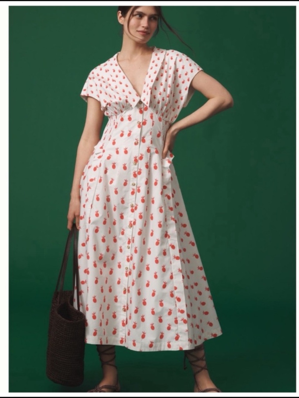 NWT Anthropologie Short-Sleeve V-Neck Pleated Pineapple Midi Dress Vacay, L